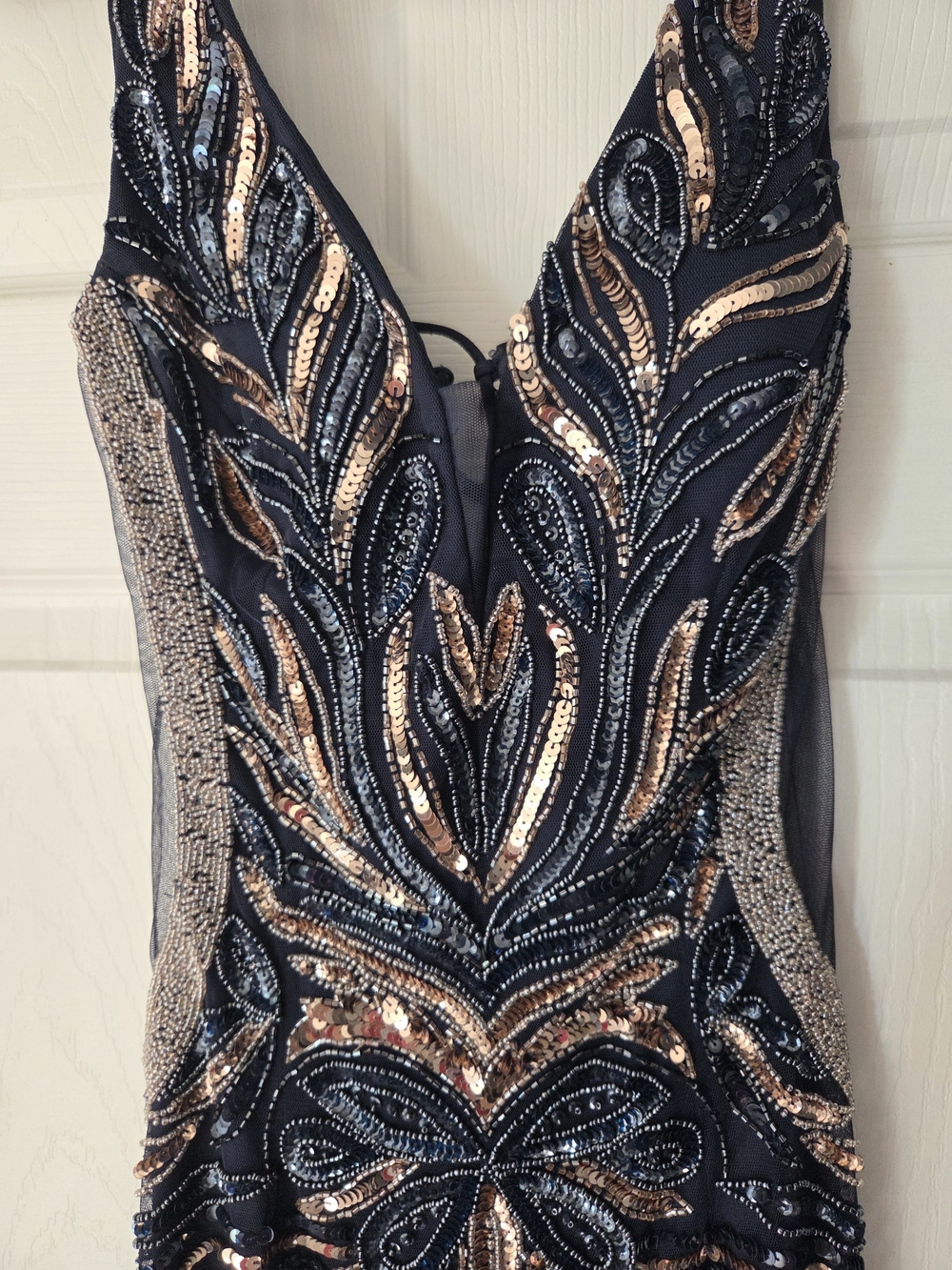 Navy and Rose Gold Sequin V-Neck Homecoming Dress - Picture 3 of 6